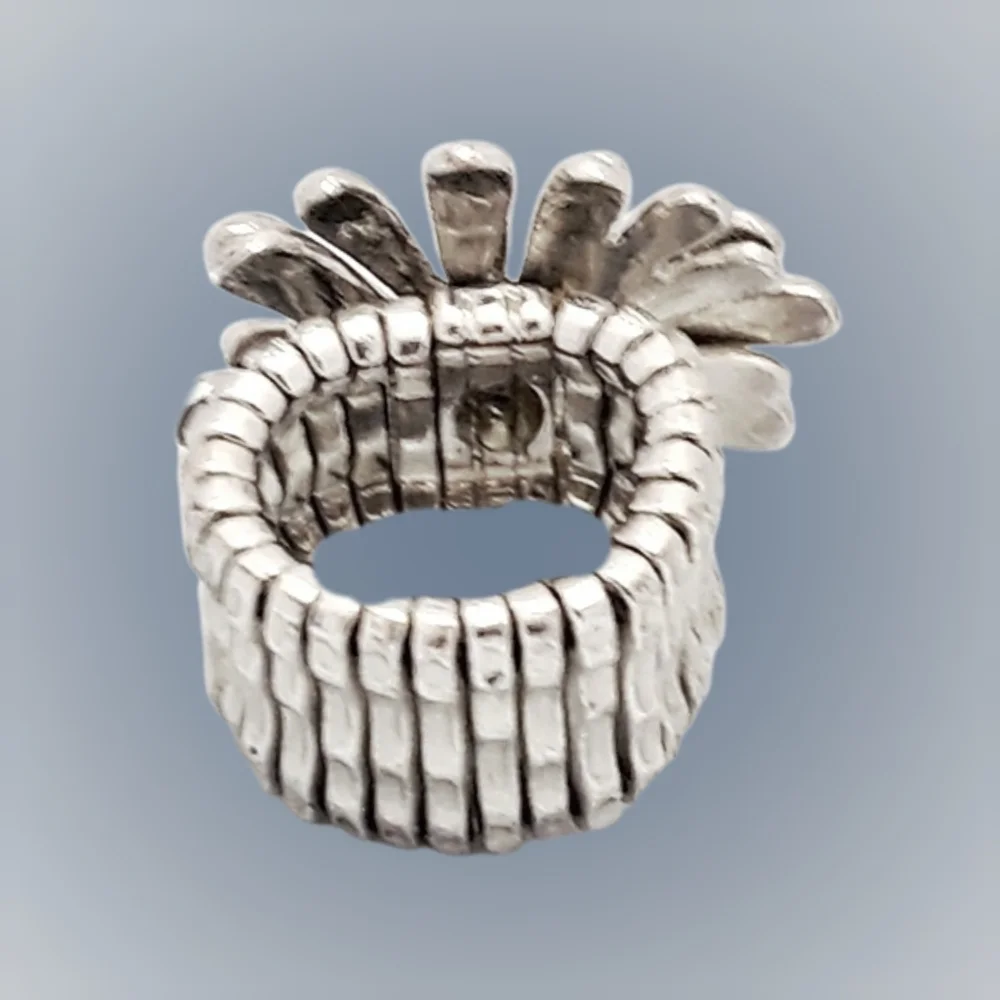 Silver Tone Floral Stretch Ring with Clear Rhinestone Center | NWOT